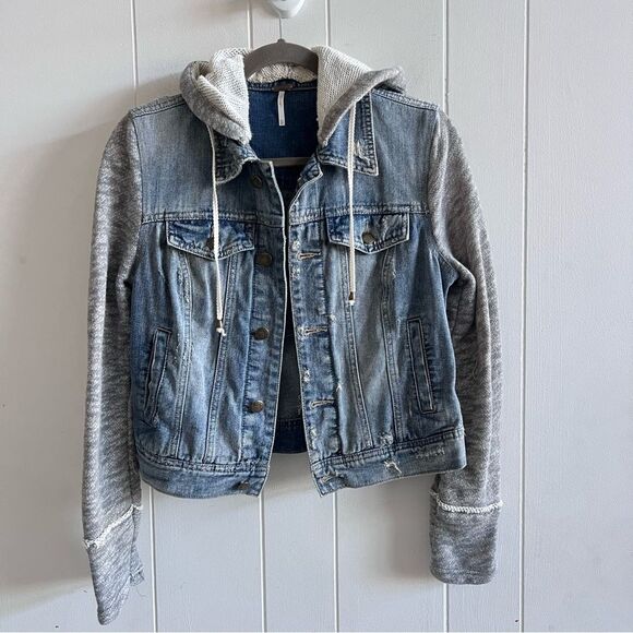 Free People Hooded Denim Distressed Jacket with Removable Hood - Picture 2 of 11